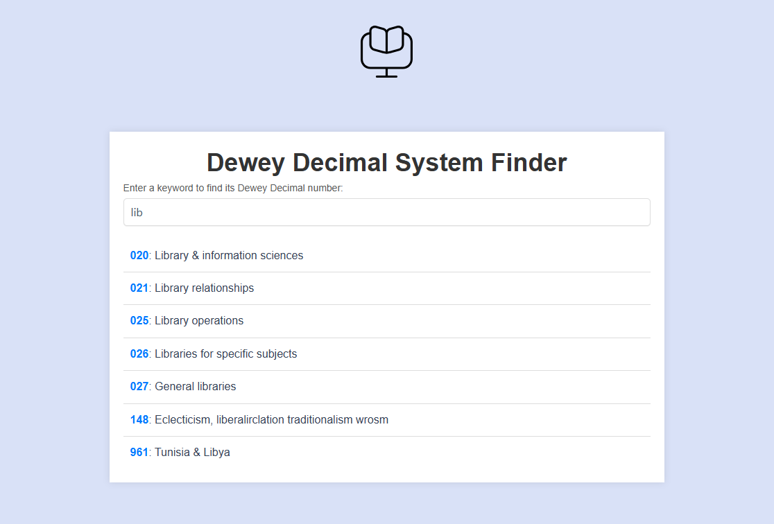 Dewey Decimal Classification Finder Tool